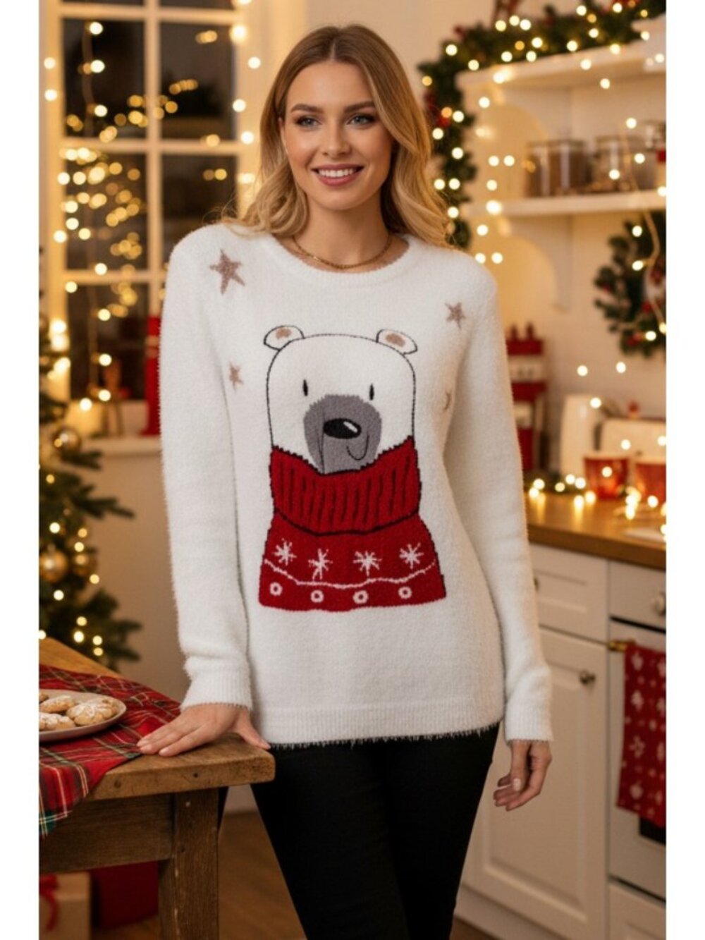 Fuzzy Embroidered Winter Animal Crew Neck Long Sleeve Novelty Holiday Sweater